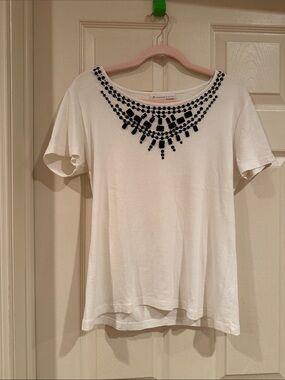 JM Collection White Short Sleeve Top with Black Beaded Neckline